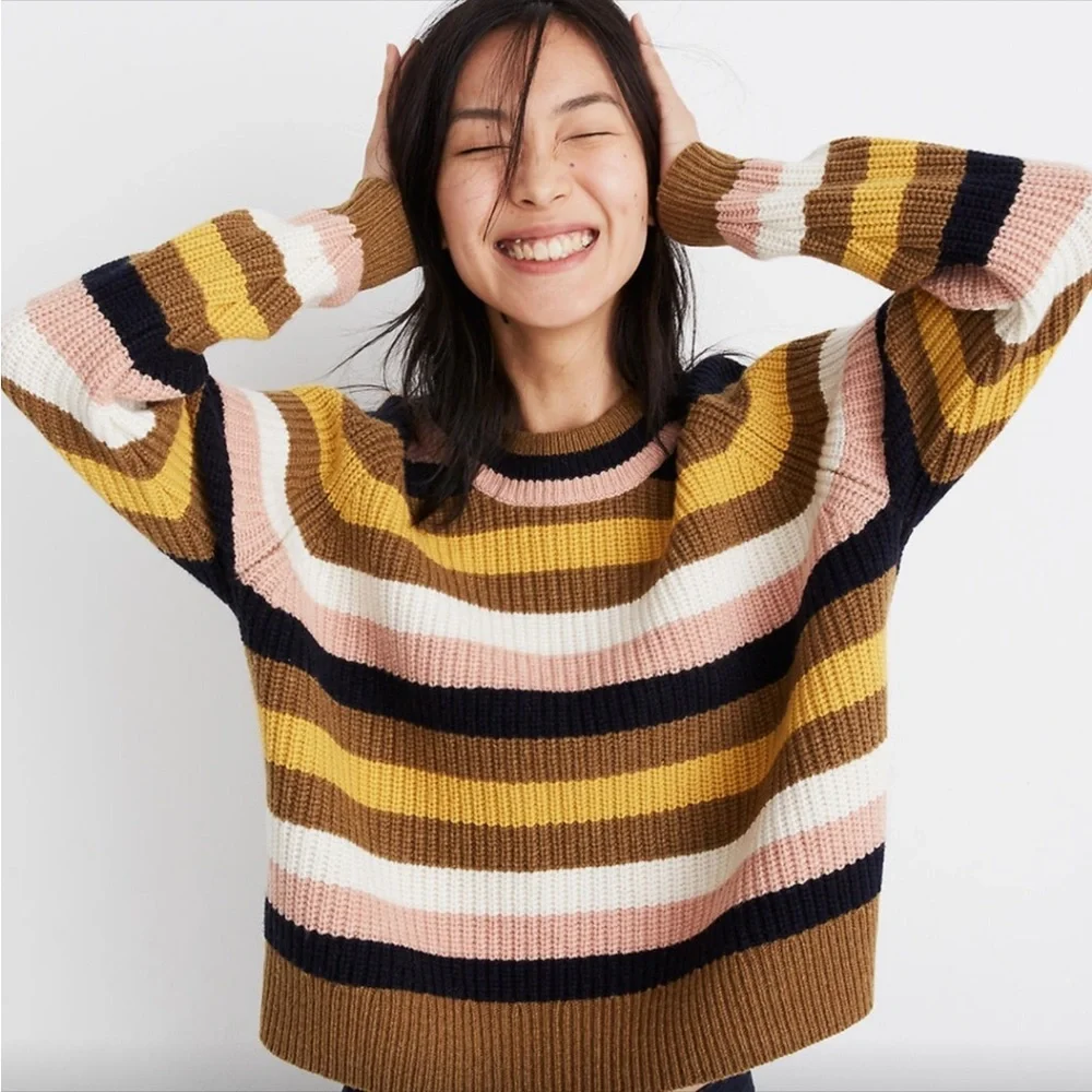 MADEWELL Tilden Brown Pink Cream Striped Merino Wool Knit Sweater Small